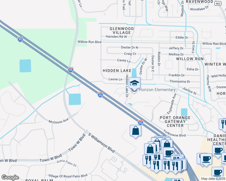 map of restaurants, bars, coffee shops, grocery stores, and more near 1657 Pham Drive in Port Orange