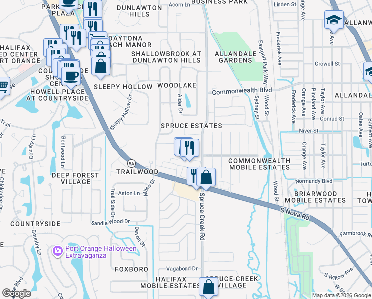 map of restaurants, bars, coffee shops, grocery stores, and more near 816 Lakeland Drive in Port Orange
