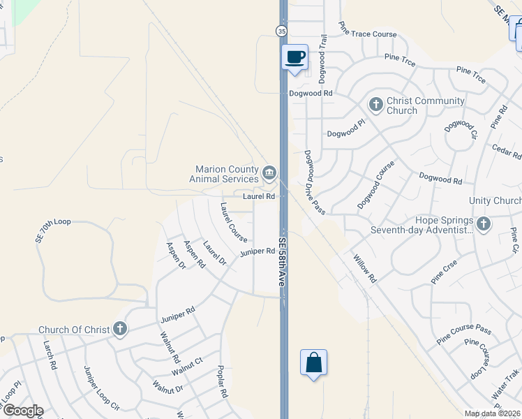 map of restaurants, bars, coffee shops, grocery stores, and more near 11 Laurel Pass in Ocala