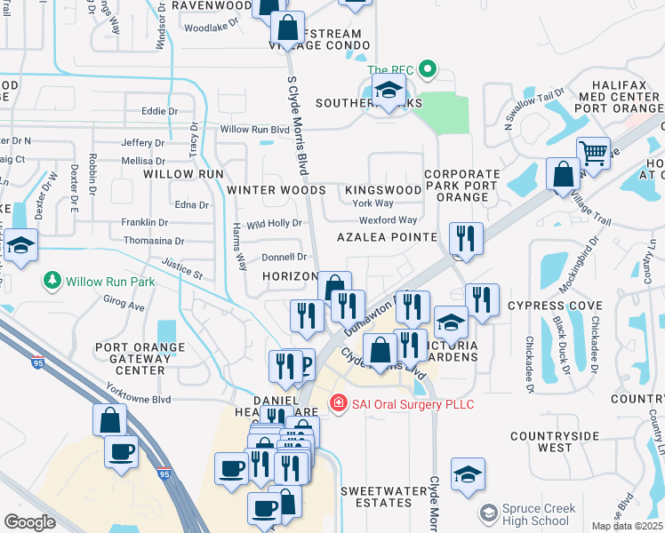 map of restaurants, bars, coffee shops, grocery stores, and more near 4801 South Clyde Morris Boulevard in Port Orange