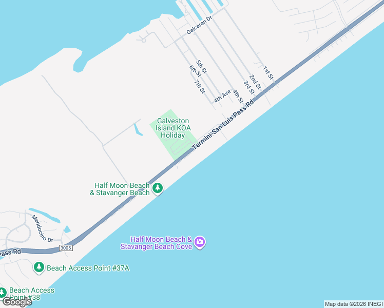 map of restaurants, bars, coffee shops, grocery stores, and more near 24051 Termini-San Luis Pass Road in Galveston