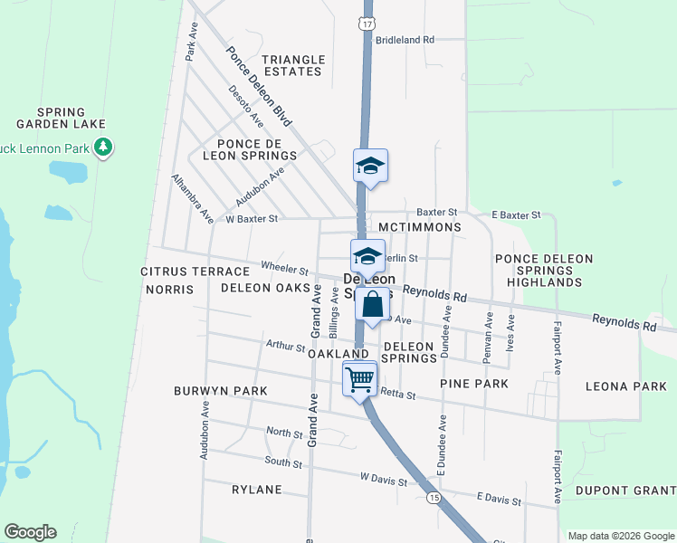 map of restaurants, bars, coffee shops, grocery stores, and more near 145 Wheeler Street in De Leon Springs
