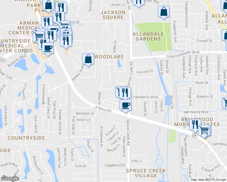 map of restaurants, bars, coffee shops, grocery stores, and more near 816 Lakeland Drive in Port Orange