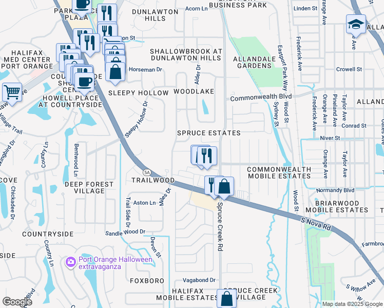 map of restaurants, bars, coffee shops, grocery stores, and more near 820 Lakeland Drive in Port Orange