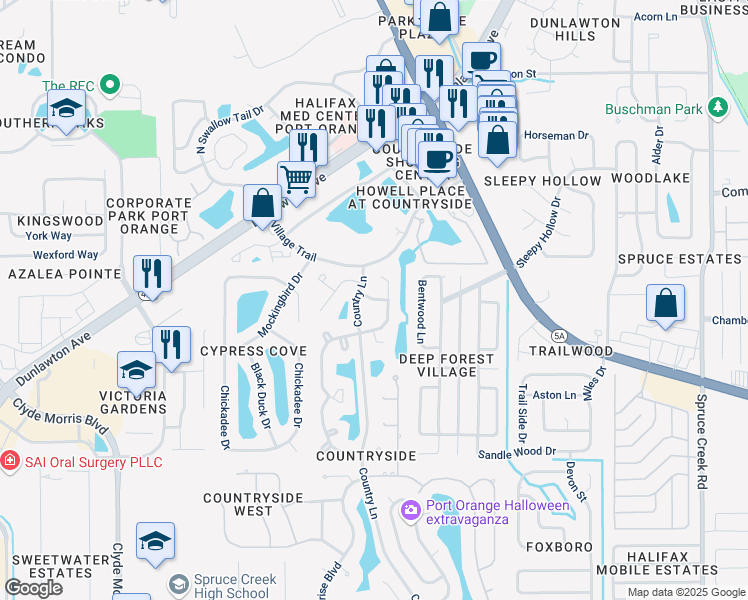 map of restaurants, bars, coffee shops, grocery stores, and more near Forest Glen Drive in Port Orange