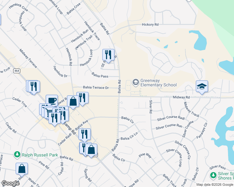 map of restaurants, bars, coffee shops, grocery stores, and more near 4001-4137 Bahia Road in Ocala