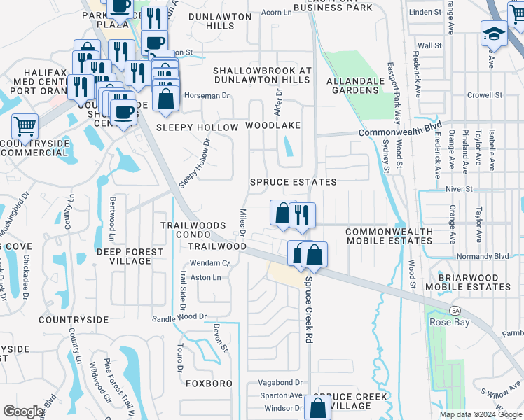 map of restaurants, bars, coffee shops, grocery stores, and more near 826 Lakeland Drive in Port Orange