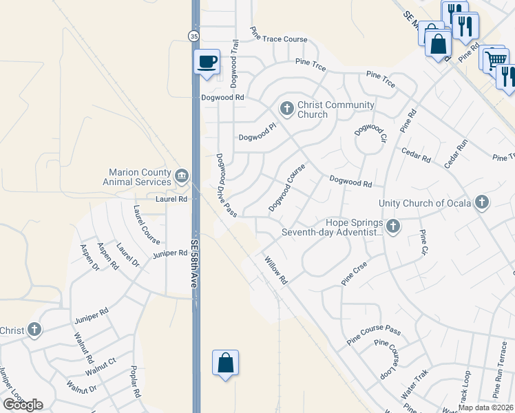 map of restaurants, bars, coffee shops, grocery stores, and more near 115 Dogwood Drive Loop in Ocala