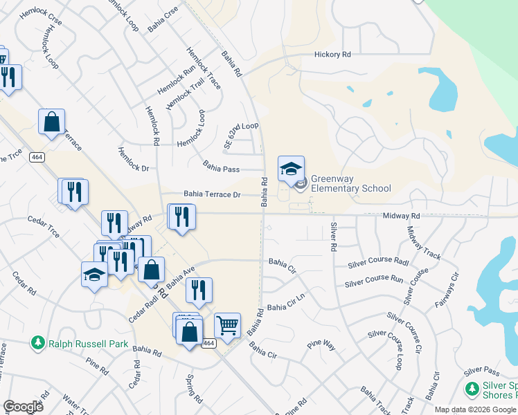 map of restaurants, bars, coffee shops, grocery stores, and more near 4001-4137 Bahia Road in Ocala