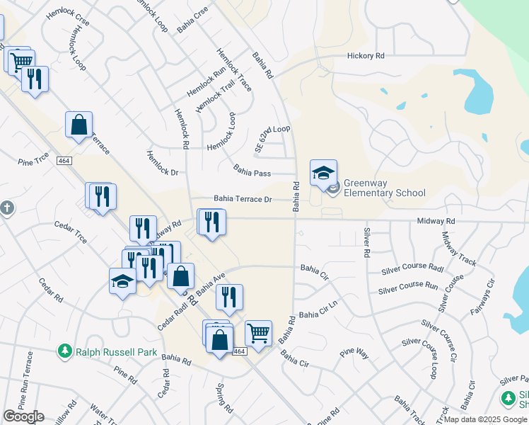 map of restaurants, bars, coffee shops, grocery stores, and more near in Silver Springs Shores