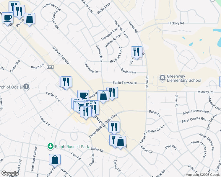map of restaurants, bars, coffee shops, grocery stores, and more near 131 Midway Road in Ocala