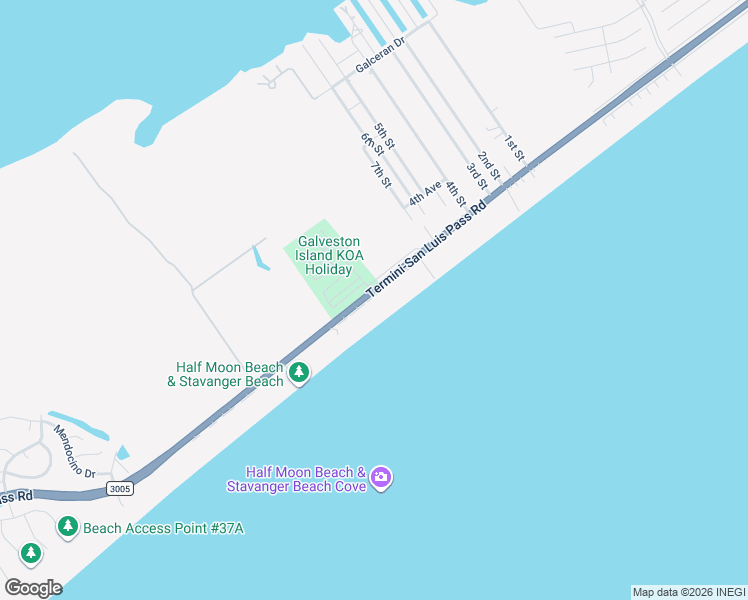 map of restaurants, bars, coffee shops, grocery stores, and more near 24051 Termini-San Luis Pass Road in Galveston