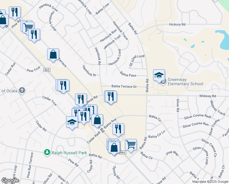 map of restaurants, bars, coffee shops, grocery stores, and more near 131 Midway Road in Ocala