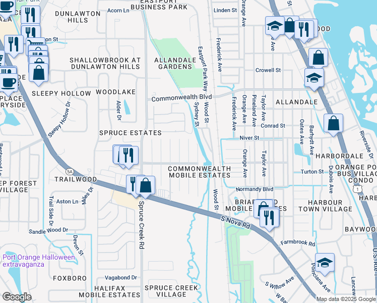 map of restaurants, bars, coffee shops, grocery stores, and more near 5418 James Drive in Port Orange