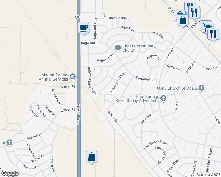 map of restaurants, bars, coffee shops, grocery stores, and more near 105 Dogwood Drive Loop in Ocala