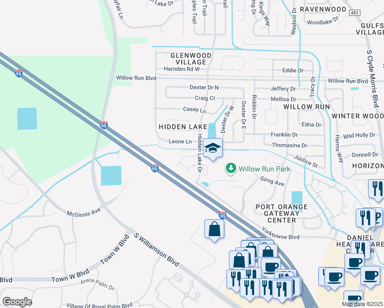 map of restaurants, bars, coffee shops, grocery stores, and more near 1506 Leone Lane in Port Orange