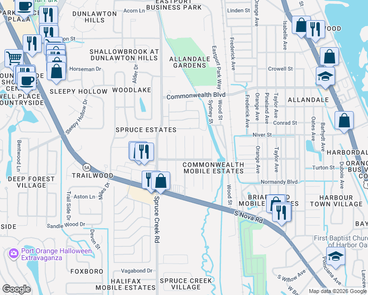 map of restaurants, bars, coffee shops, grocery stores, and more near 5400-5422 Durant Drive in Port Orange