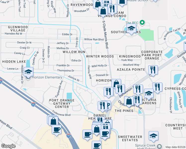 map of restaurants, bars, coffee shops, grocery stores, and more near 1105 Donnell Drive in Port Orange