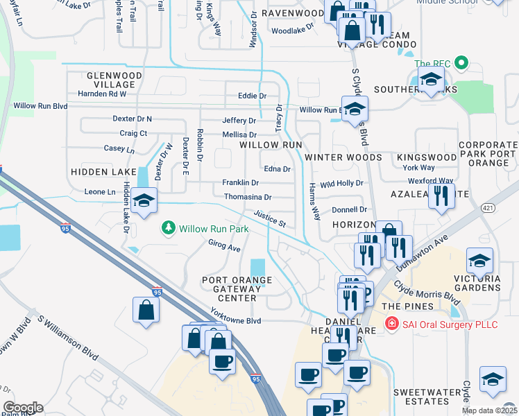 map of restaurants, bars, coffee shops, grocery stores, and more near 1229 Justice Street in Port Orange