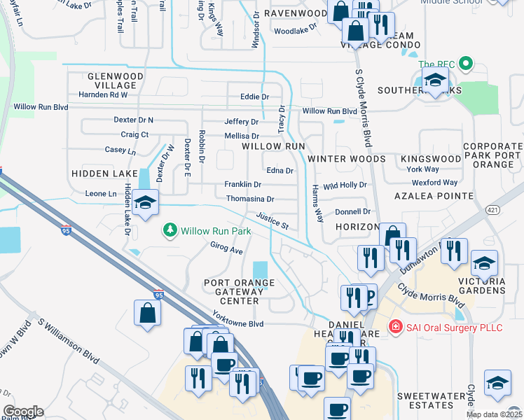 map of restaurants, bars, coffee shops, grocery stores, and more near 1229 Justice Street in Port Orange