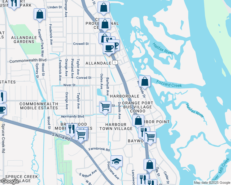 map of restaurants, bars, coffee shops, grocery stores, and more near 113 Niver Street in Port Orange