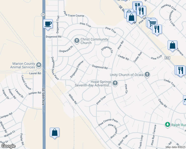 map of restaurants, bars, coffee shops, grocery stores, and more near 25 Dogwood Drive Court in Ocala
