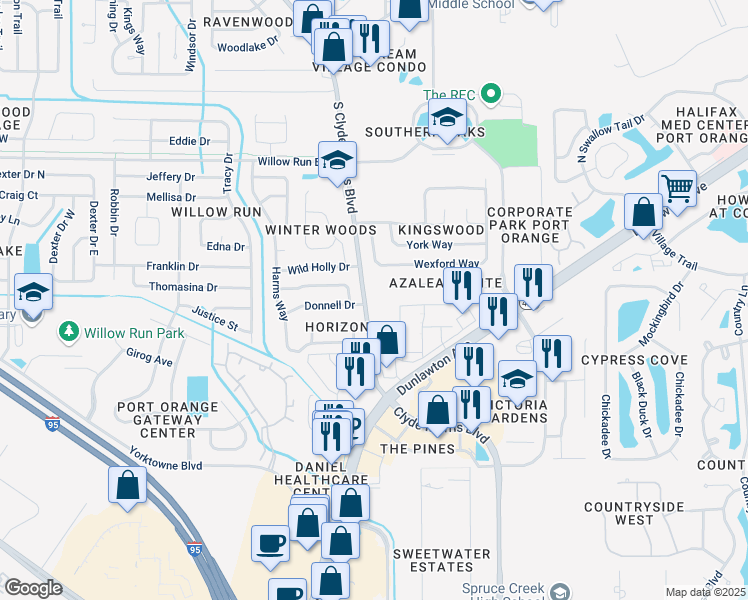 map of restaurants, bars, coffee shops, grocery stores, and more near 4801 South Clyde Morris Boulevard in Port Orange