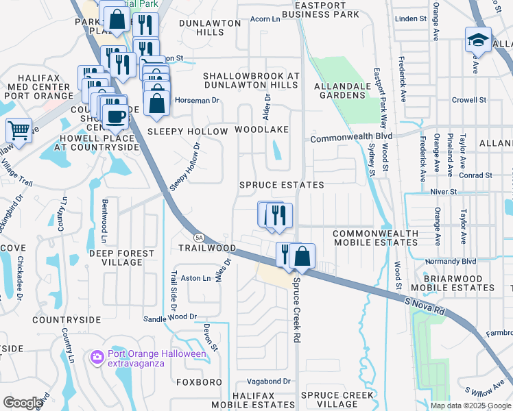map of restaurants, bars, coffee shops, grocery stores, and more near 821 Lakeland Drive in Port Orange