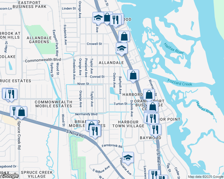 map of restaurants, bars, coffee shops, grocery stores, and more near 5317 Christiancy Avenue in Port Orange