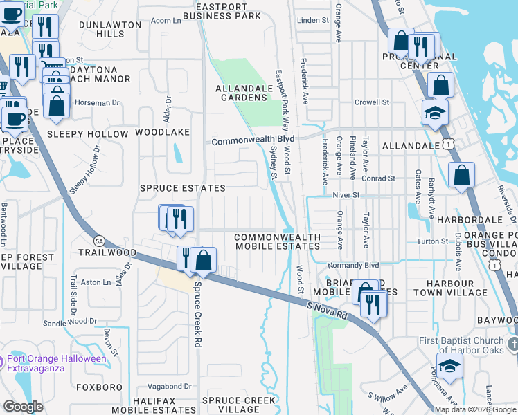 map of restaurants, bars, coffee shops, grocery stores, and more near 5418 James Drive in Port Orange