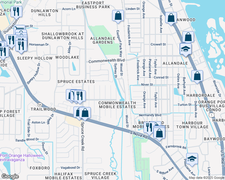 map of restaurants, bars, coffee shops, grocery stores, and more near 5418 James Drive in Port Orange