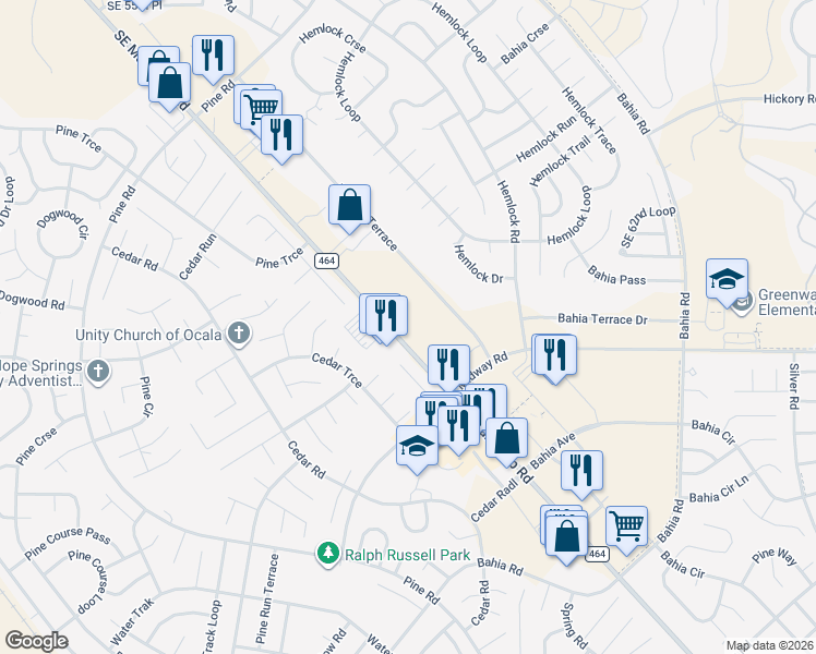 map of restaurants, bars, coffee shops, grocery stores, and more near 7408 Midway Terrace in Ocala
