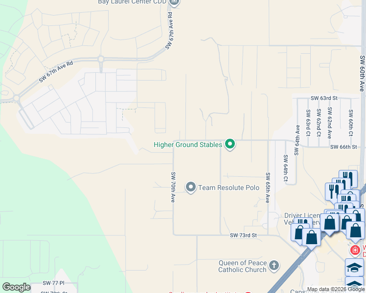 map of restaurants, bars, coffee shops, grocery stores, and more near 6661 Southwest 70th Avenue in Ocala