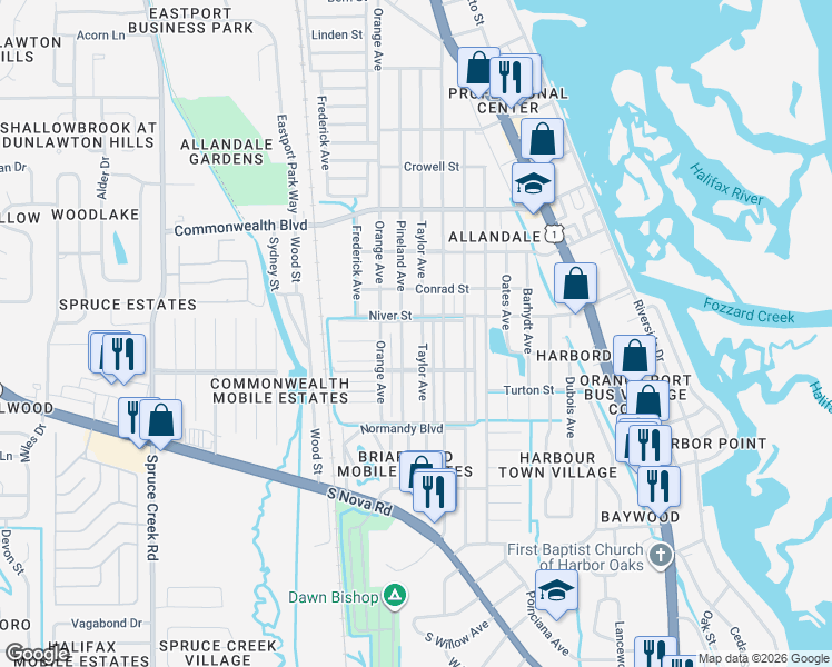 map of restaurants, bars, coffee shops, grocery stores, and more near 5410 Taylor Avenue in Port Orange