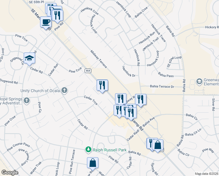 map of restaurants, bars, coffee shops, grocery stores, and more near 7408 Midway Terrace in Ocala