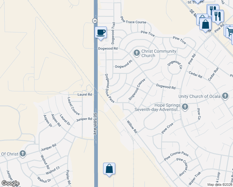 map of restaurants, bars, coffee shops, grocery stores, and more near 115 Dogwood Drive Loop in Ocala