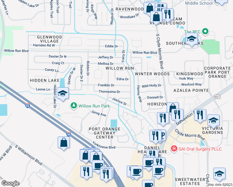 map of restaurants, bars, coffee shops, grocery stores, and more near 1222 Thomasina Drive in Port Orange