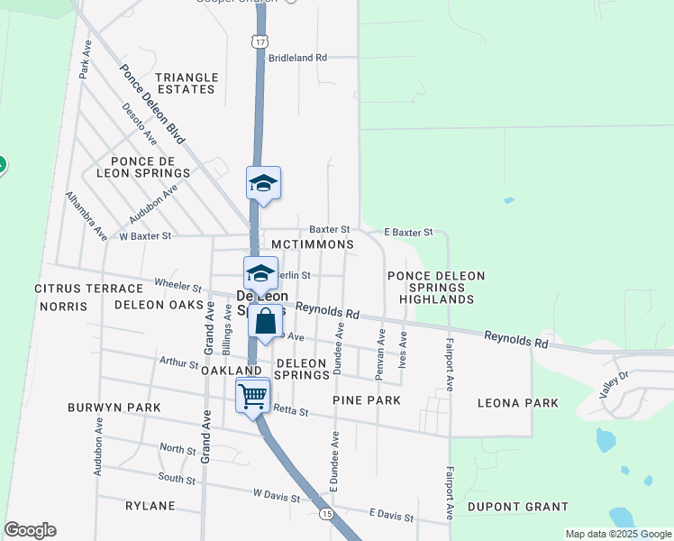 map of restaurants, bars, coffee shops, grocery stores, and more near 275 East Berlin Street in De Leon Springs
