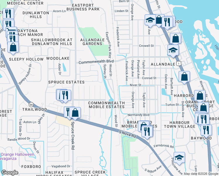 map of restaurants, bars, coffee shops, grocery stores, and more near 5426 Sydney Street in Port Orange