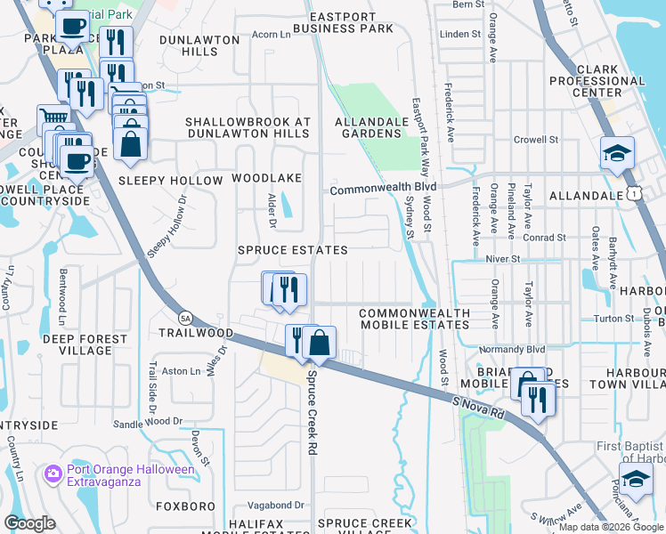 map of restaurants, bars, coffee shops, grocery stores, and more near 5411 Marshfield Drive in Port Orange