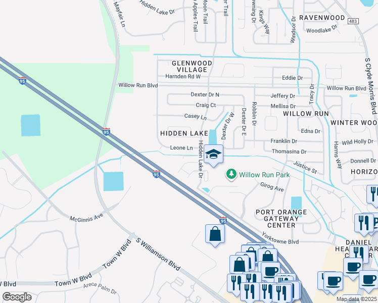 map of restaurants, bars, coffee shops, grocery stores, and more near 1506 Leone Lane in Port Orange