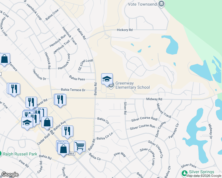 map of restaurants, bars, coffee shops, grocery stores, and more near 207 Midway Road in Ocala