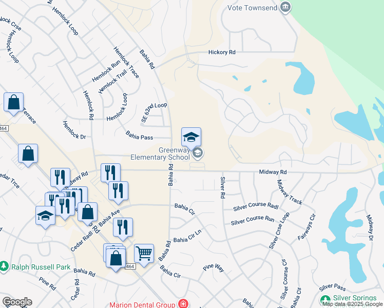 map of restaurants, bars, coffee shops, grocery stores, and more near 207 Midway Road in Ocala