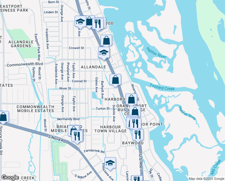 map of restaurants, bars, coffee shops, grocery stores, and more near 113 Niver Street in Port Orange