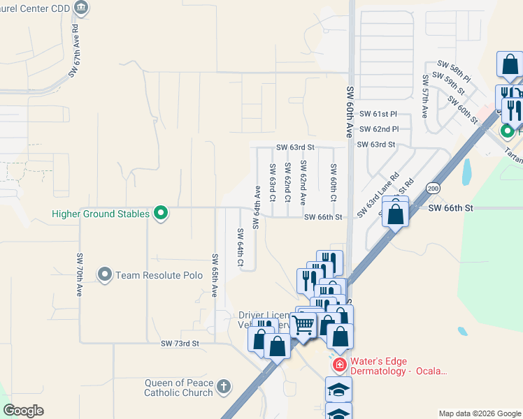 map of restaurants, bars, coffee shops, grocery stores, and more near 6595 Southwest 64th Avenue in Ocala