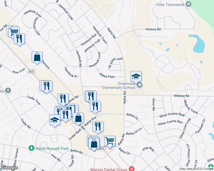 map of restaurants, bars, coffee shops, grocery stores, and more near 137 Bahia Terrace Drive in Ocala