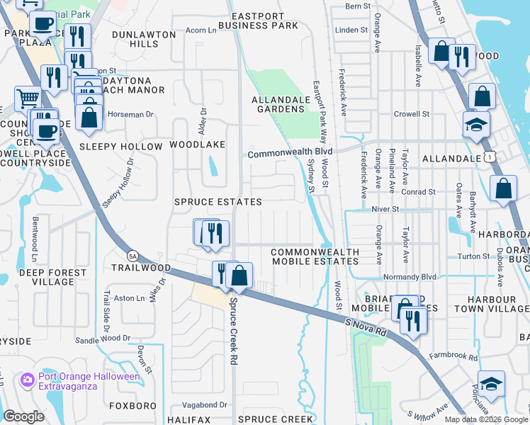 map of restaurants, bars, coffee shops, grocery stores, and more near 5400-5422 Durant Drive in Port Orange