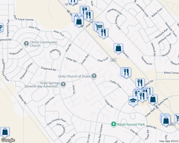 map of restaurants, bars, coffee shops, grocery stores, and more near 2 Cedar Pass in Ocala
