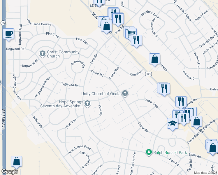 map of restaurants, bars, coffee shops, grocery stores, and more near 2 Pine Pass Court in Ocala