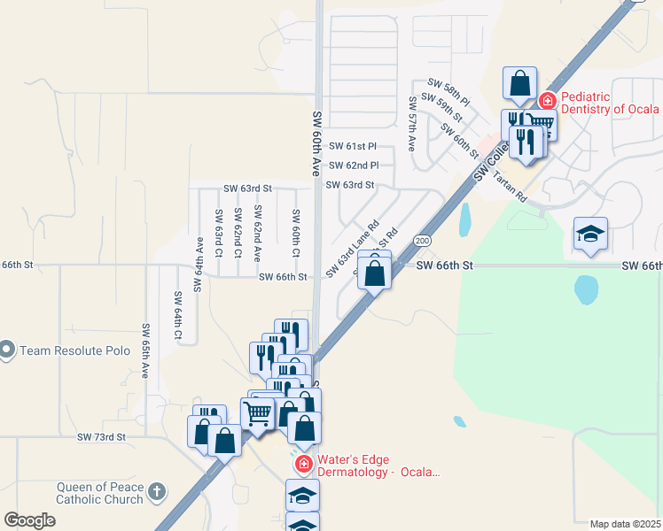 map of restaurants, bars, coffee shops, grocery stores, and more near 5921 Southwest 63rd Lane Road in Ocala